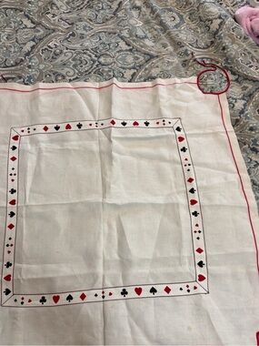 Vintage mid-century linen card tablecloth w clubs, hearts, diamonds spades